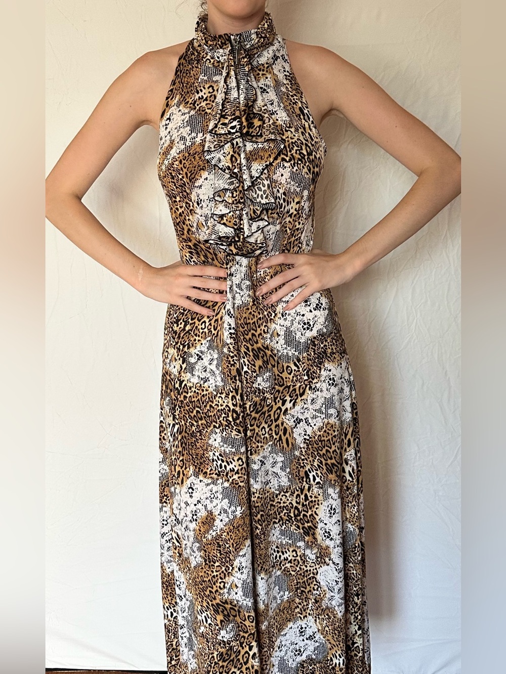 Milano Leopard-Print Halter Maxi Dress in Brown and White